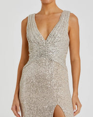 Silver V-Neck Sequin Wrap Waist Gown