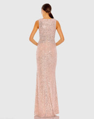 Pink V-Neck Sequin Wrap Waist Gown