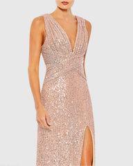 Pink V-Neck Sequin Wrap Waist Gown