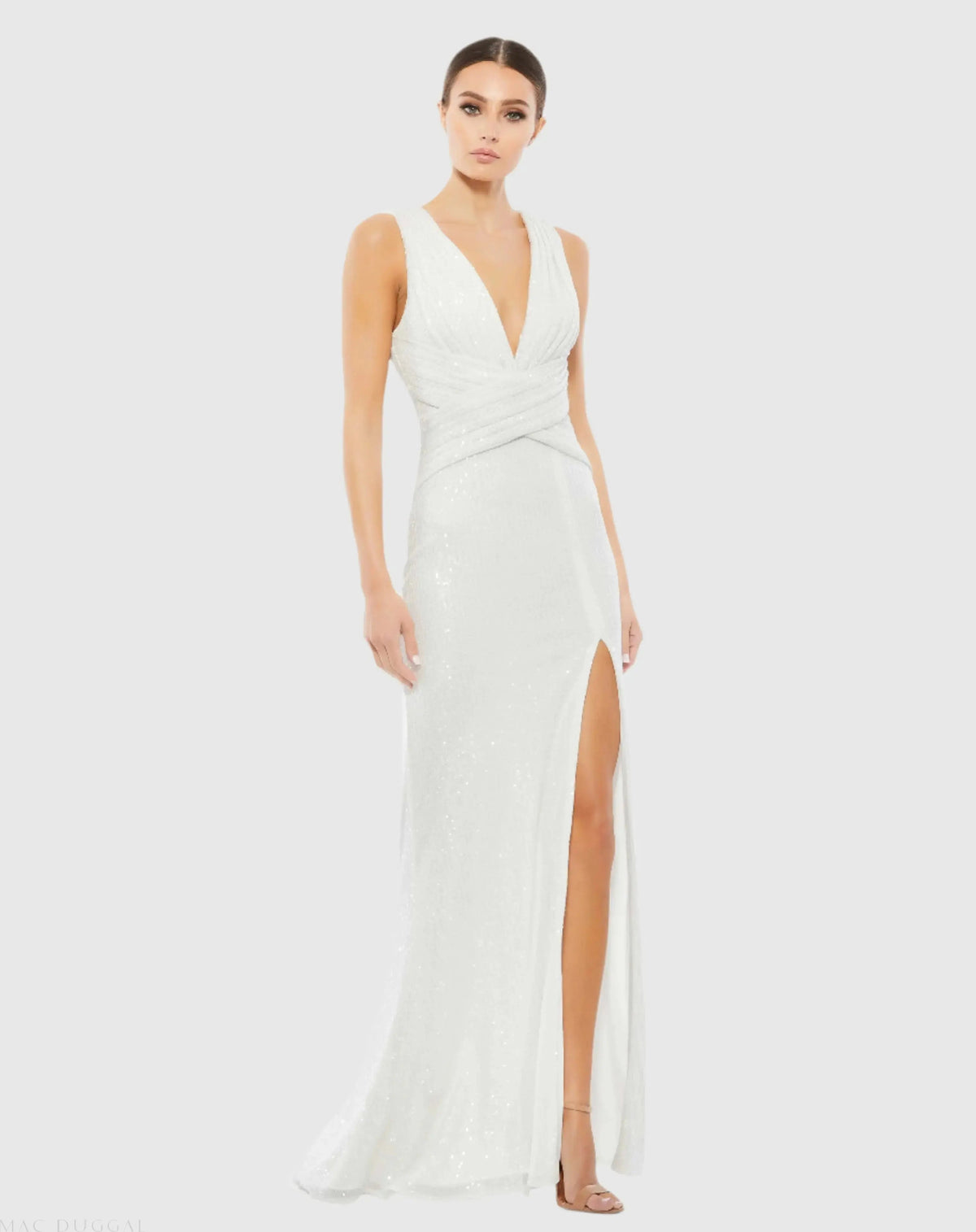 White V-Neck Sequin Wrap Waist Gown