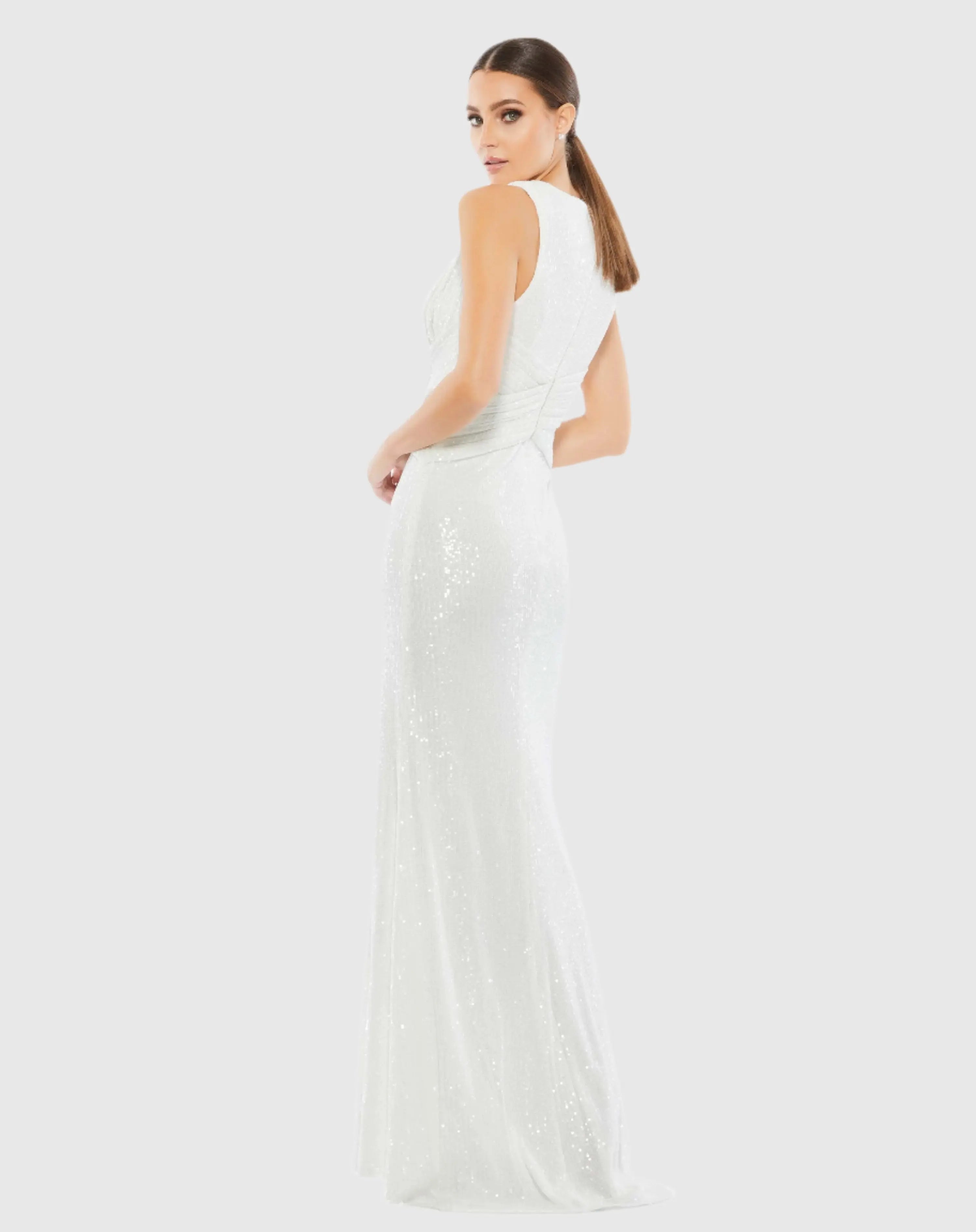 White V-Neck Sequin Wrap Waist Gown
