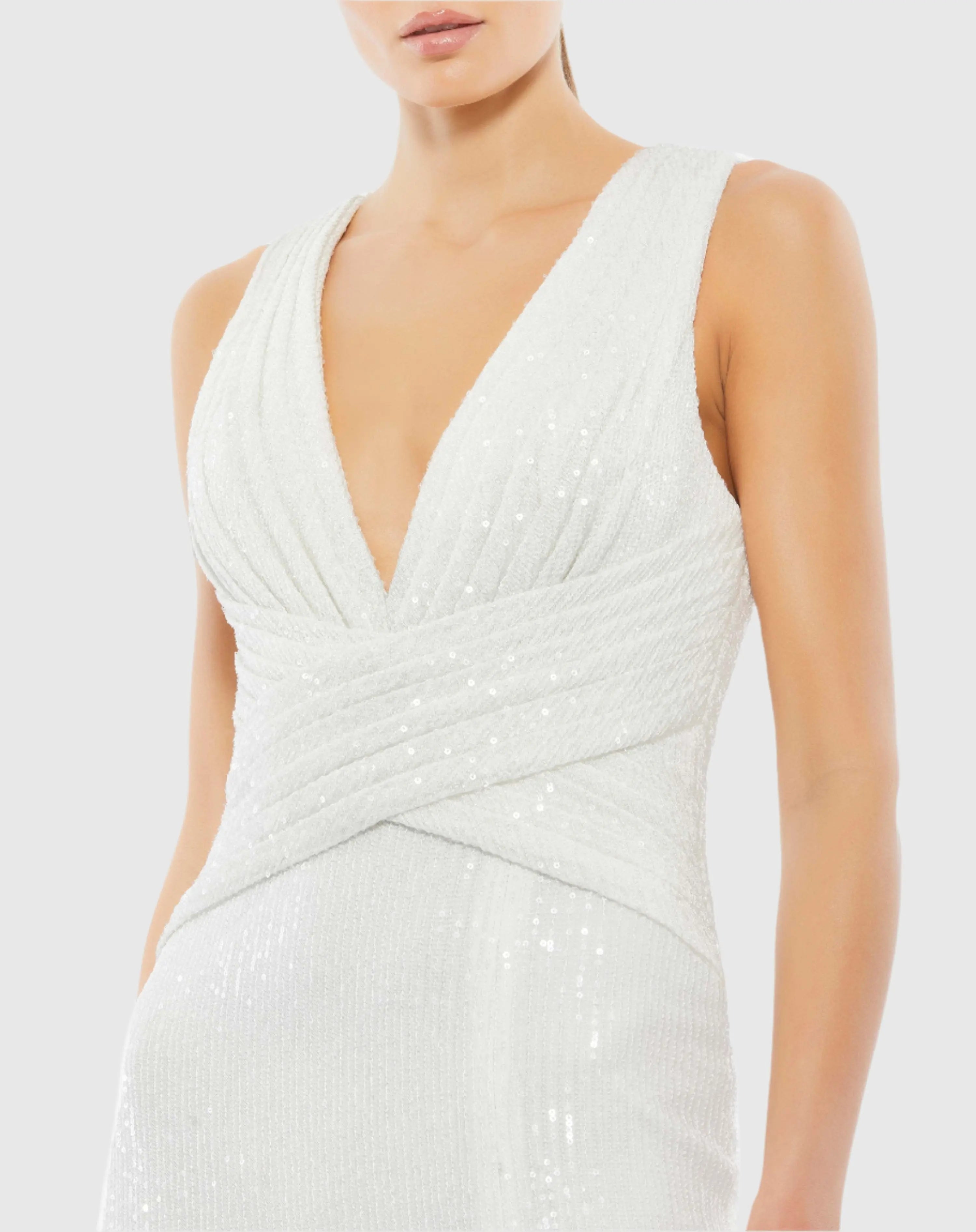 White V-Neck Sequin Wrap Waist Gown