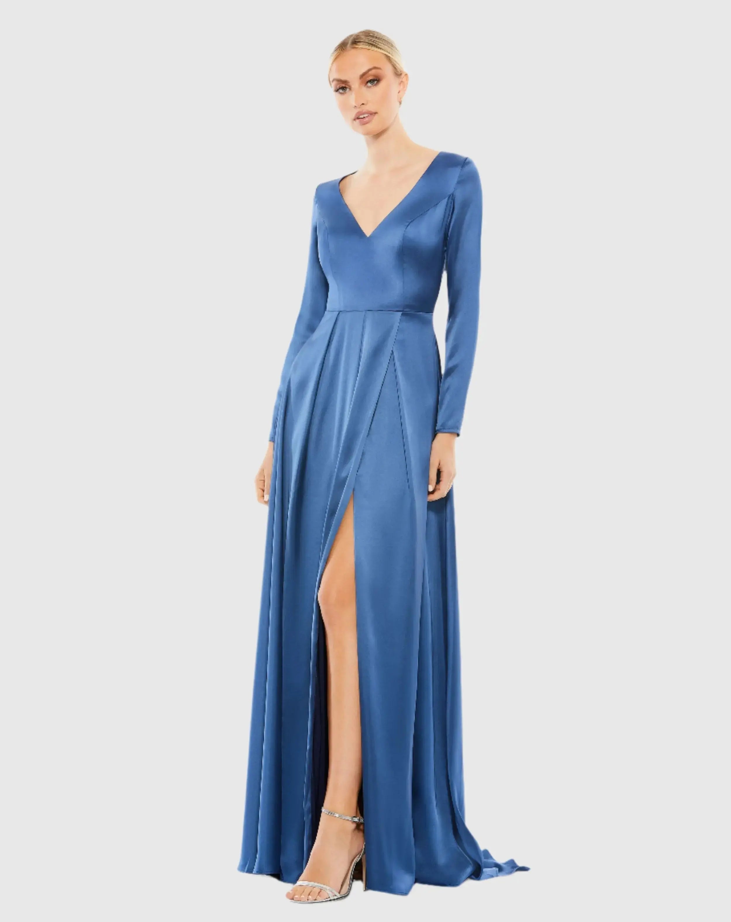 Satin V Neck Long Sleeve Pleated Gown - FINAL SALE