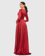 Red Satin V Neck Long Sleeve Pleated Gown