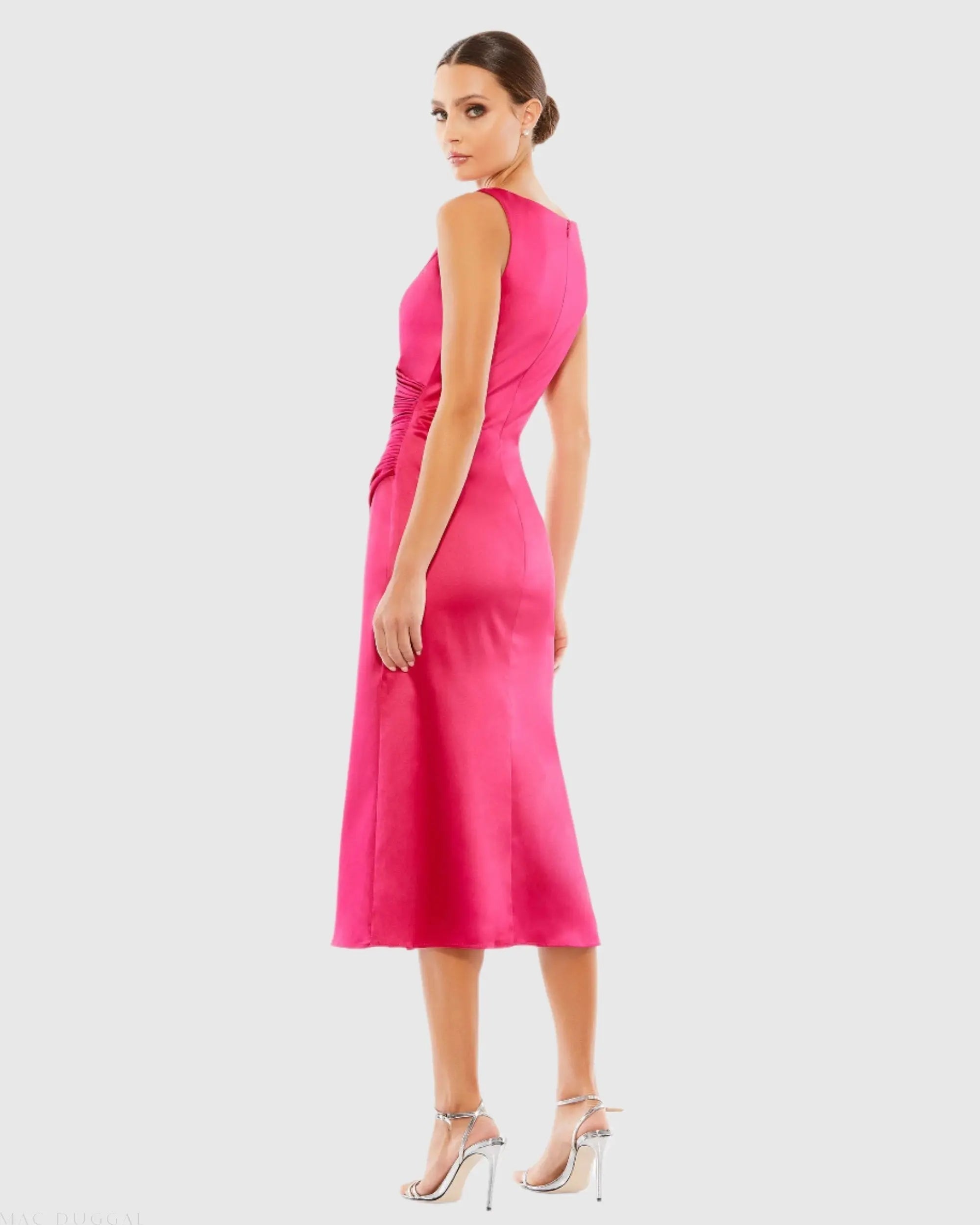 Pink Satin Ruched V-Neck Faux Wrap Midi Dress