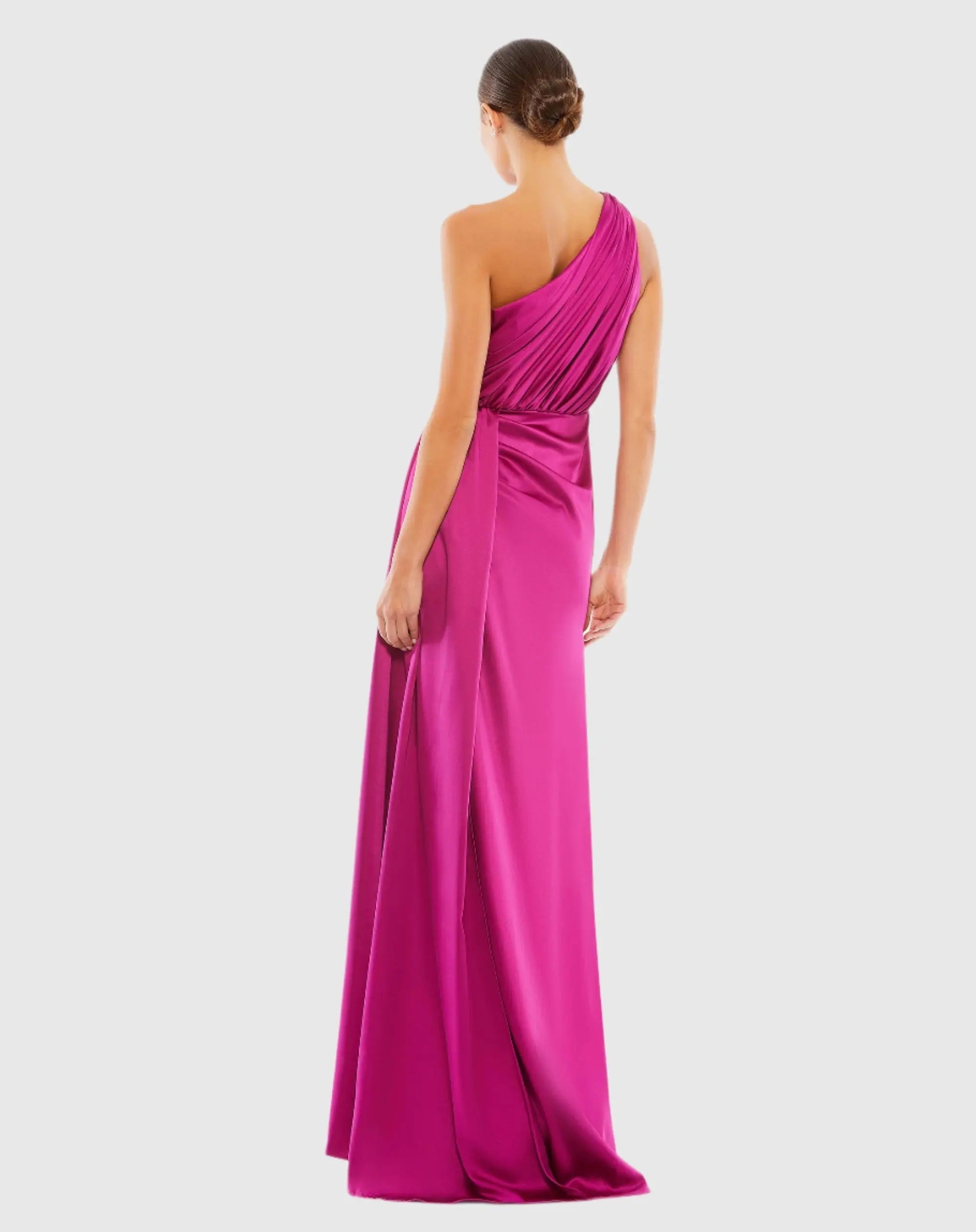 Purple Gathered One Shoulder Satin Faux Wrap Gown