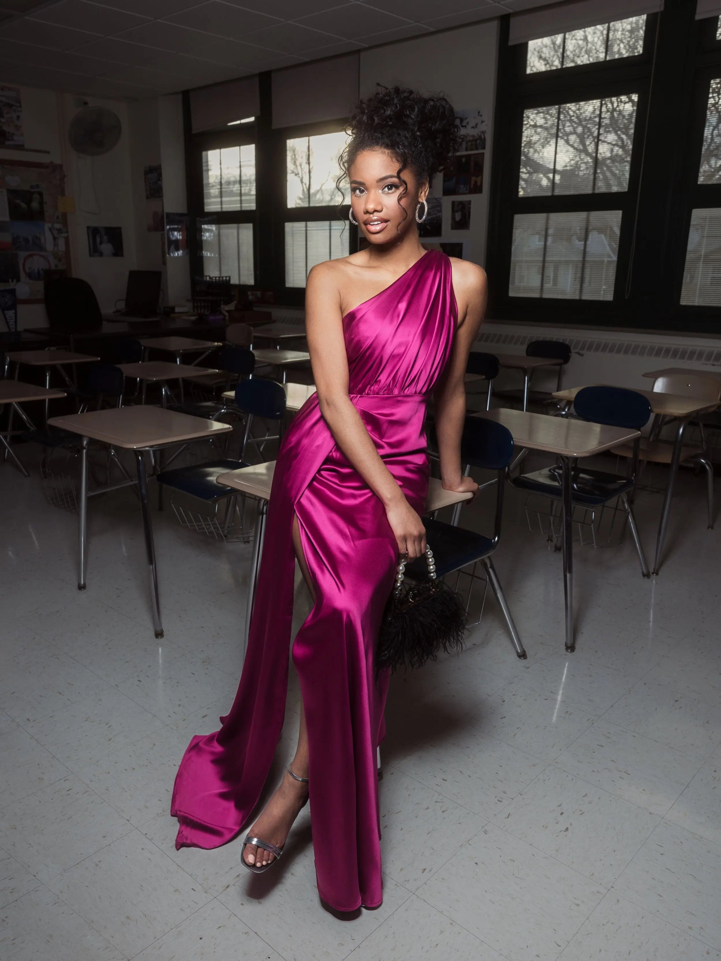 Purple Gathered One Shoulder Satin Faux Wrap Gown