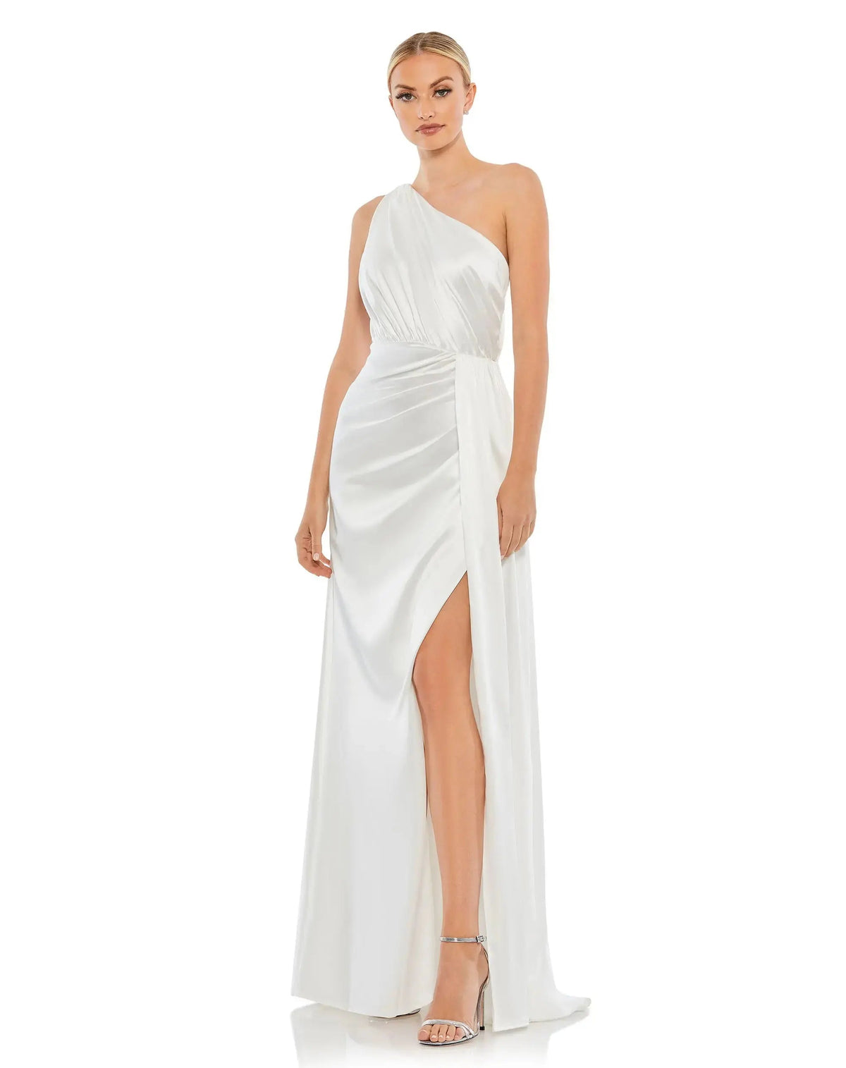 White Gathered One Shoulder Satin Faux Wrap Gown