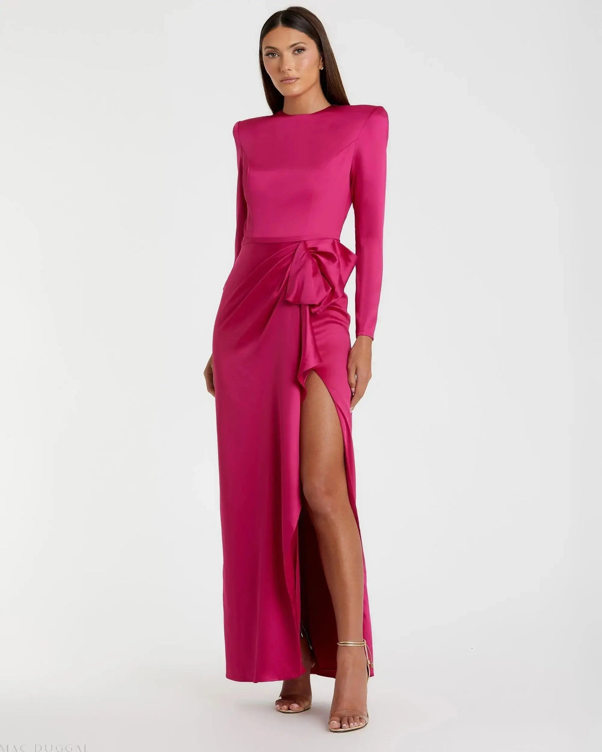 Pink Long Sleeve Satin Structured Bow Draped Column Gown