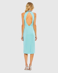 Blue Open Back Jeweled Halter Midi Dress