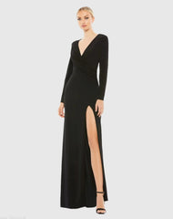 Black Jersey Long Sleeve Asymmetrical Ruched Gown