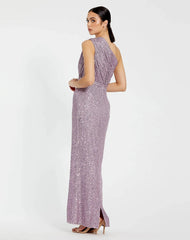 Purple Sequined Ruched One Shoulder Gown