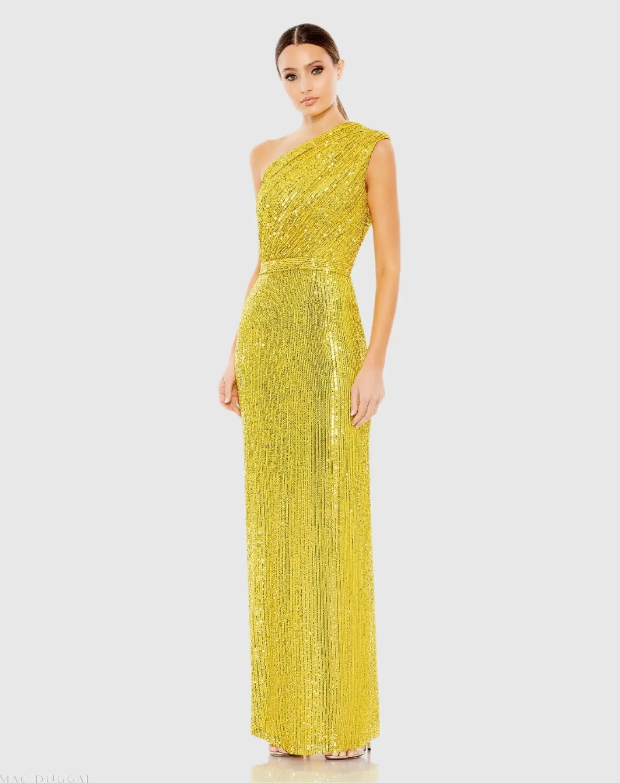 Sequined Ruched One Shoulder Gown