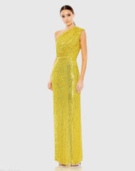 Yellow Sequined Ruched One Shoulder Gown