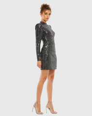 Black and Silver High Neck Long Sleeve Two Tone Mini Dress