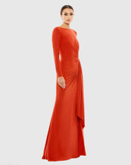 Orange Ruched Long Sleeve Cowl Neck Gown