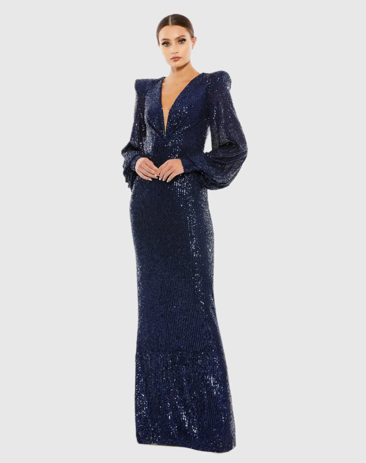 Navy Sequined Plunge Neck Structured Bishop Sleeve Gown
