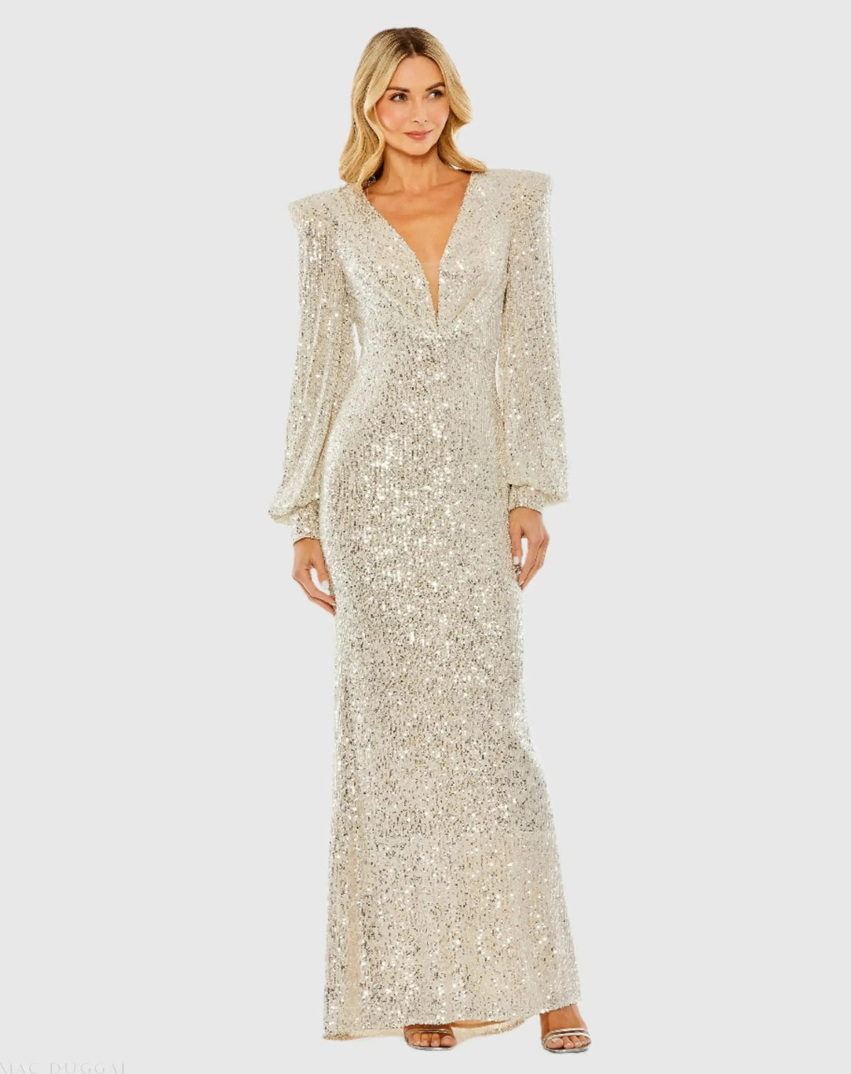Silver Sequined Plunge Neck Structured Bishop Sleeve Gown
