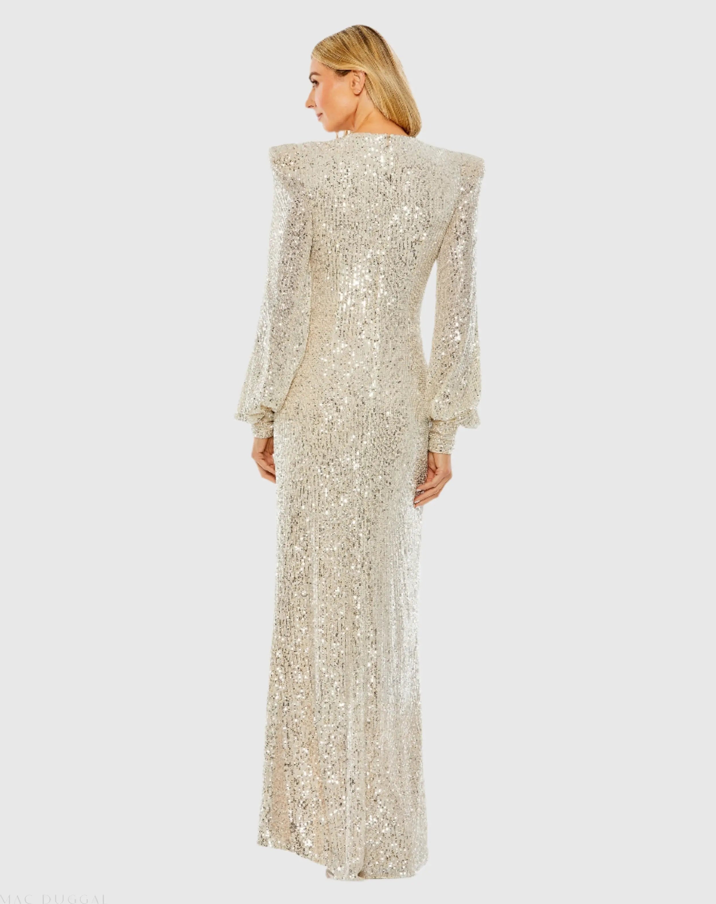 Silver Sequined Plunge Neck Structured Bishop Sleeve Gown