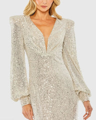 Silver Sequined Plunge Neck Structured Bishop Sleeve Gown