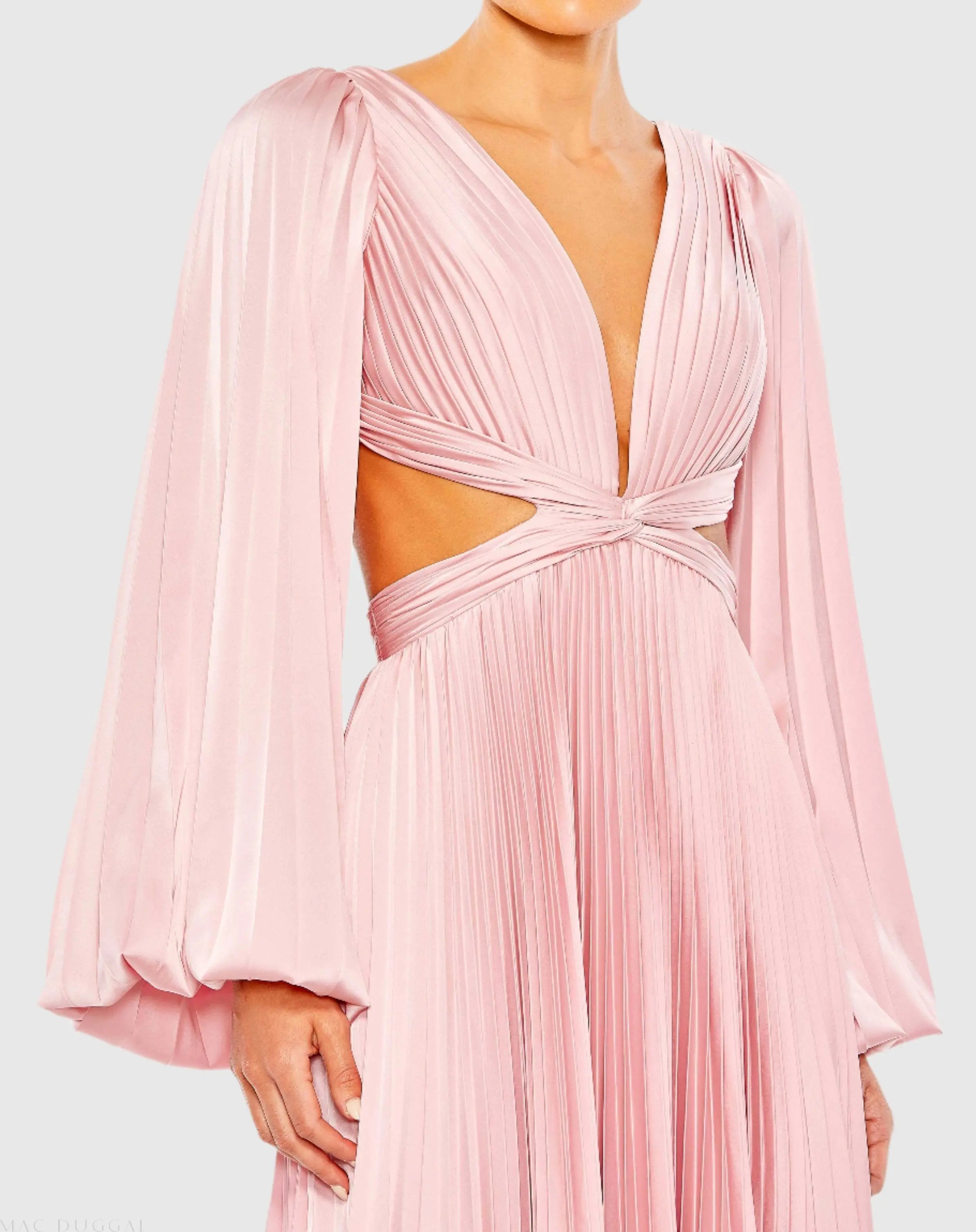 Pink Long Sleeve Pleated Charmeuse Cut Out Gown