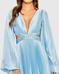Blue Long Sleeve Pleated Charmeuse Cut Out Gown