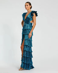 Blue Ruffle Tiered Criss Cross Lace Up Gown