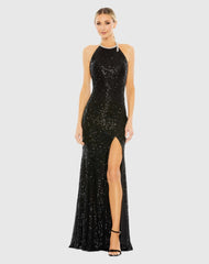 Black Sequined High Neck Rhinestone Trim Column Gown