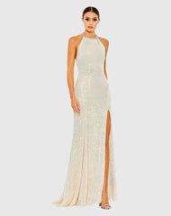 White Sequined High Neck Rhinestone Trim Column Gown