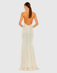 White Sequined High Neck Rhinestone Trim Column Gown