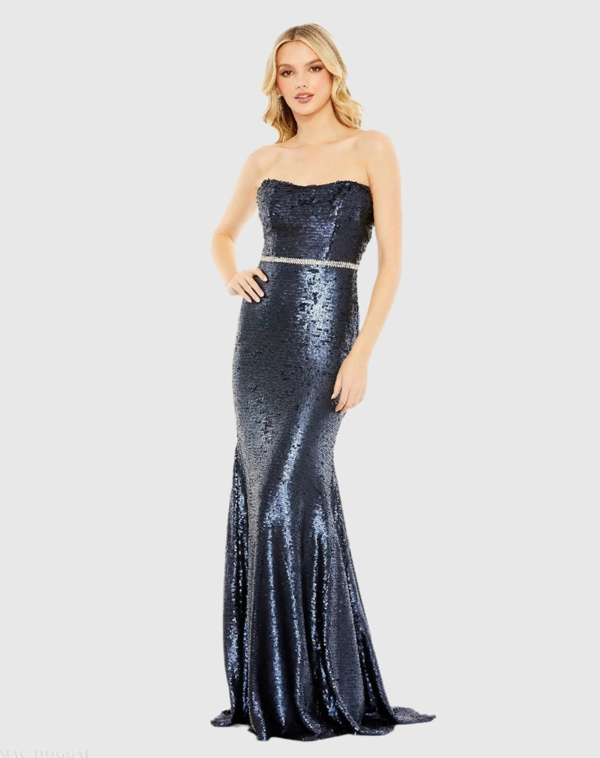 Navy Sequined Strapless Rhinestone Belt Gown