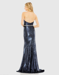 Navy Sequined Strapless Rhinestone Belt Gown