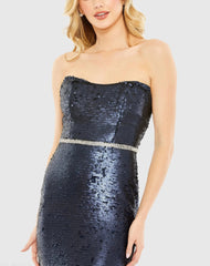 Navy Sequined Strapless Rhinestone Belt Gown