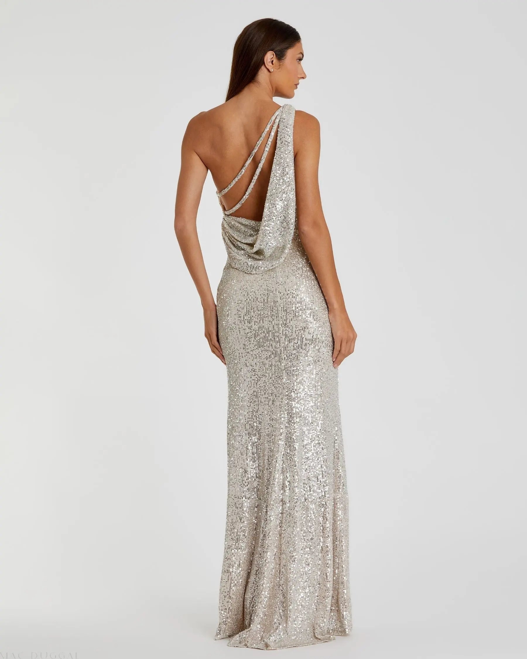Silver Sequined One Shoulder Draped Back Gown