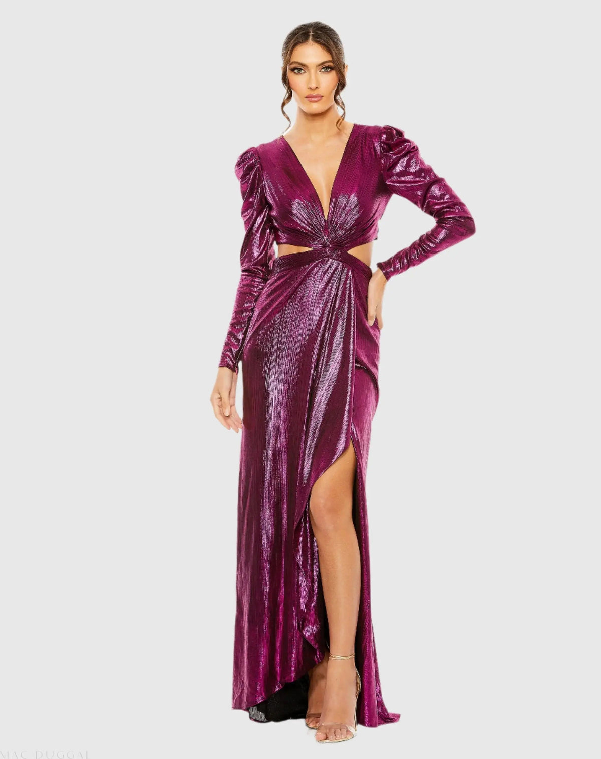 Purple Princess Sleeve Cut Out Metallic Gown