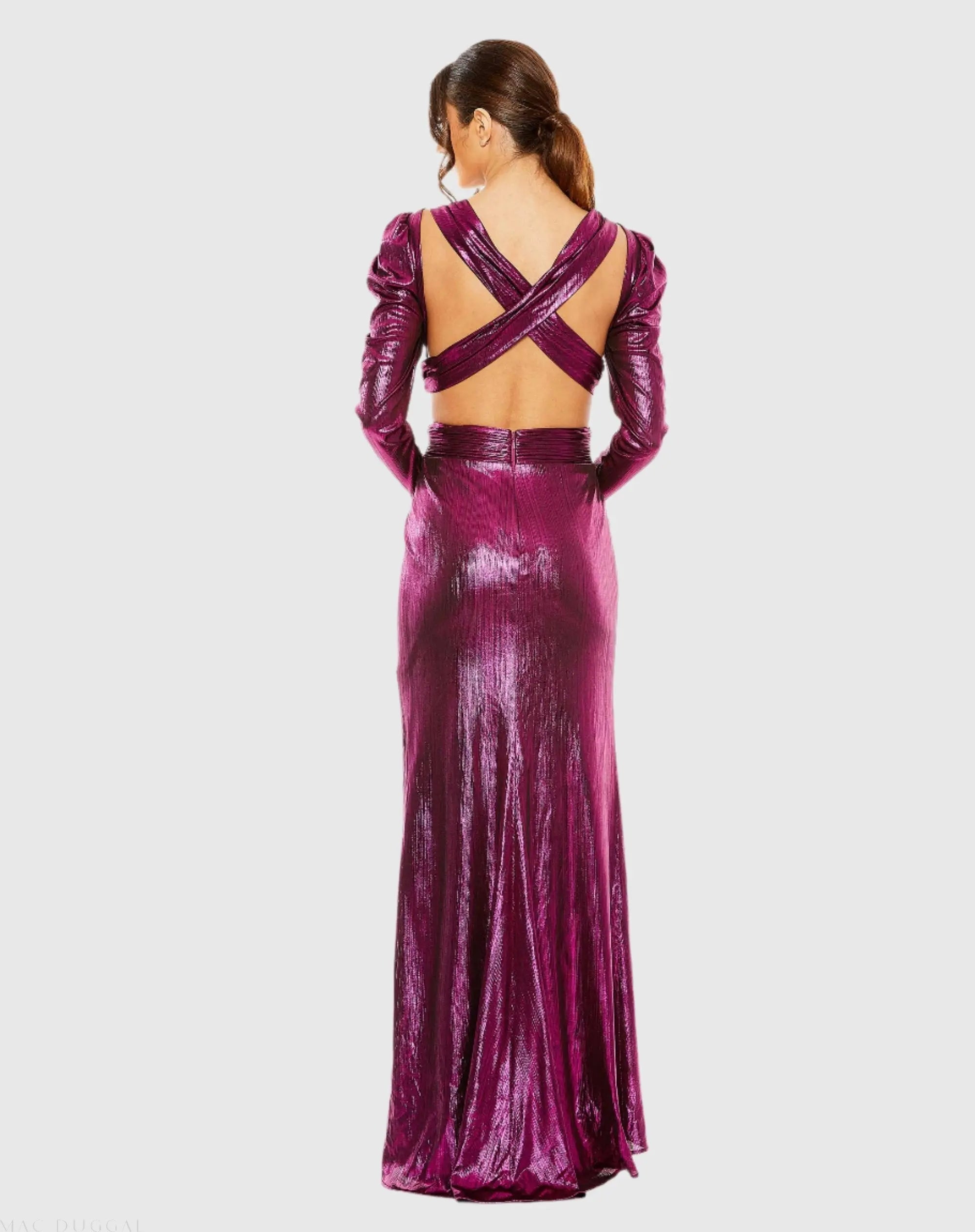 Purple Princess Sleeve Cut Out Metallic Gown