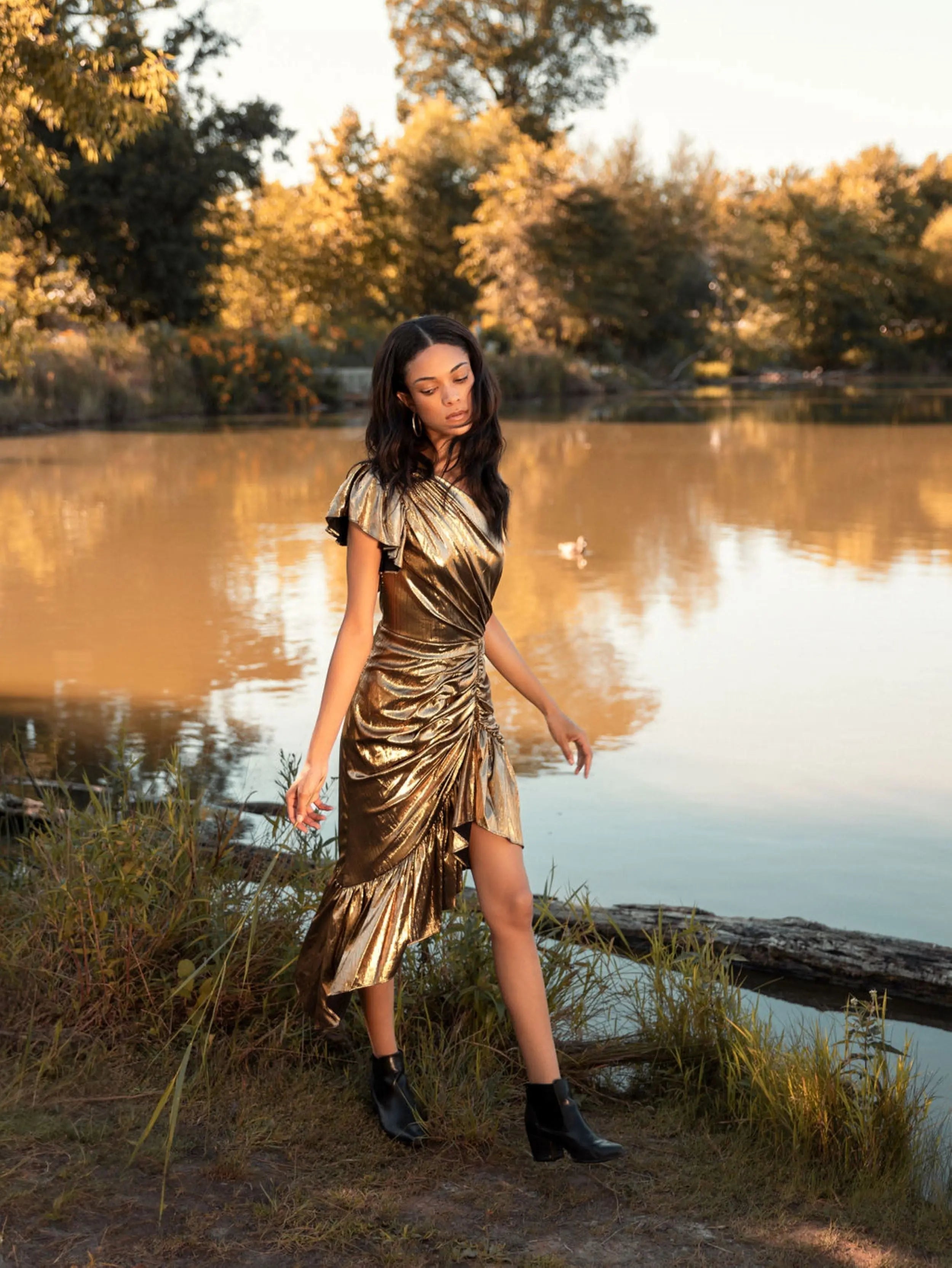 Gold One Shoulder Flutter Sleeve High Low Dress - Final Sale