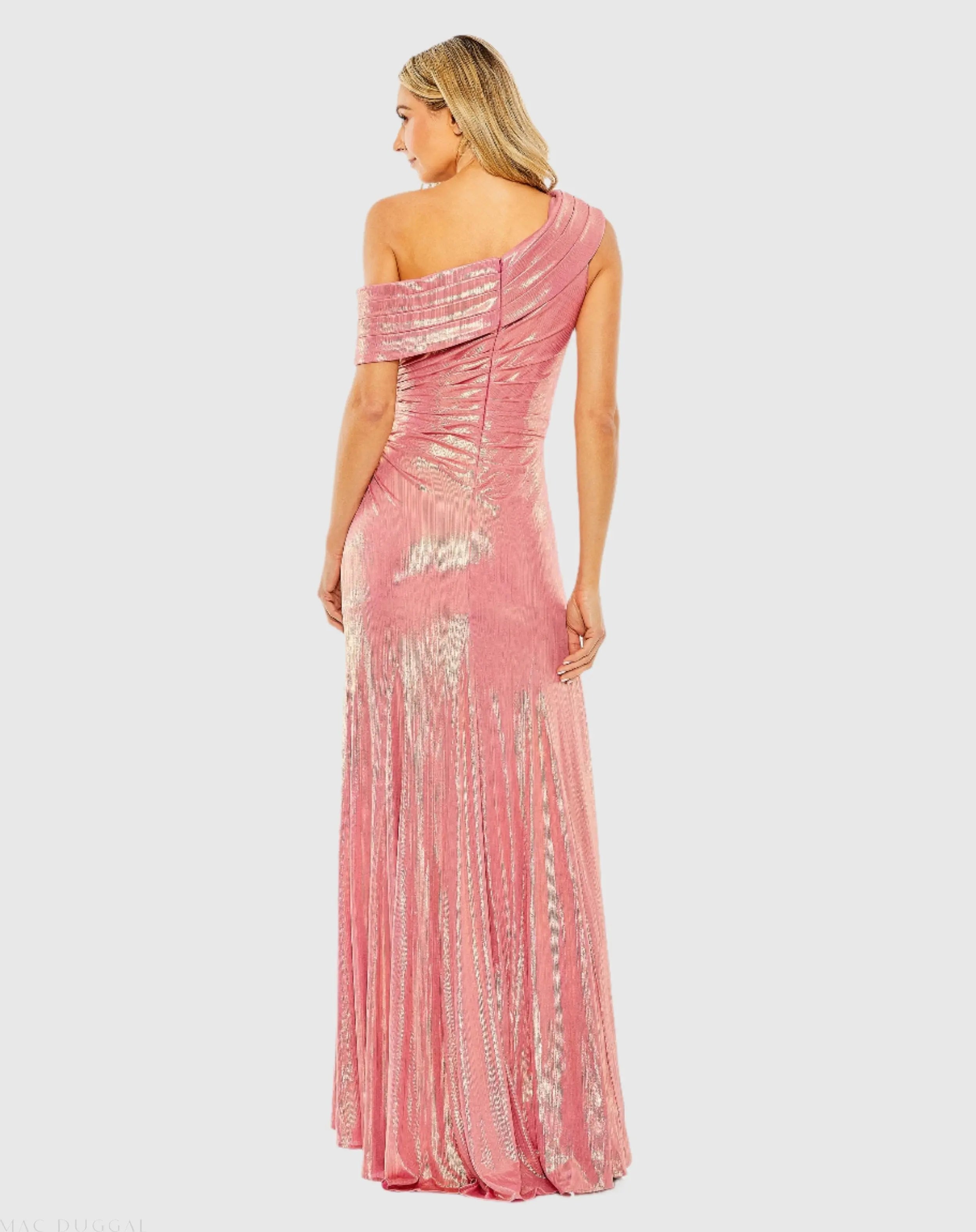 Pink Off The Shoulder Ruched Waist Slit Metallic Gown
