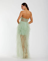 Green Strapless Corset Gown with Spiral Ruffles