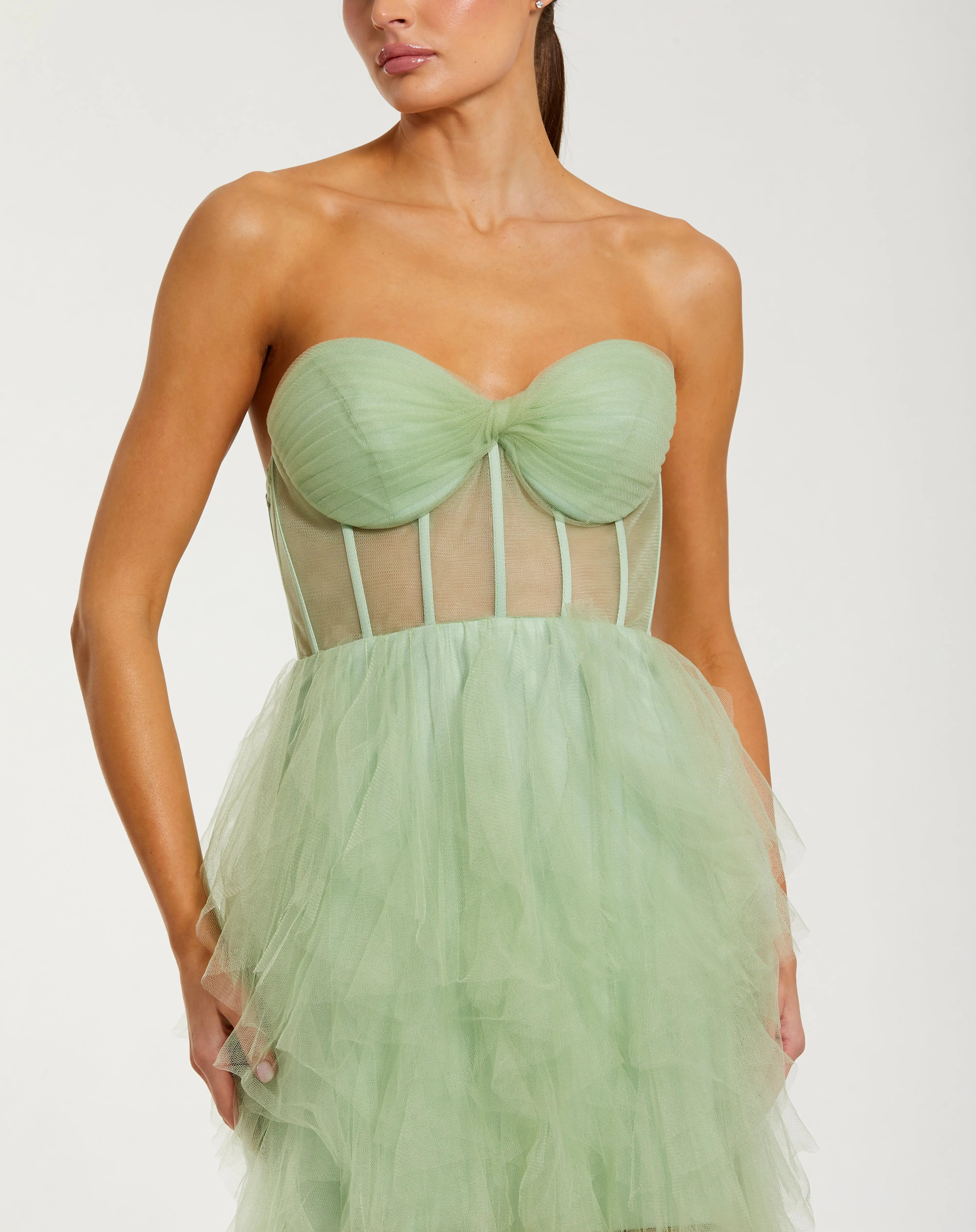 Green Strapless Corset Gown with Spiral Ruffles