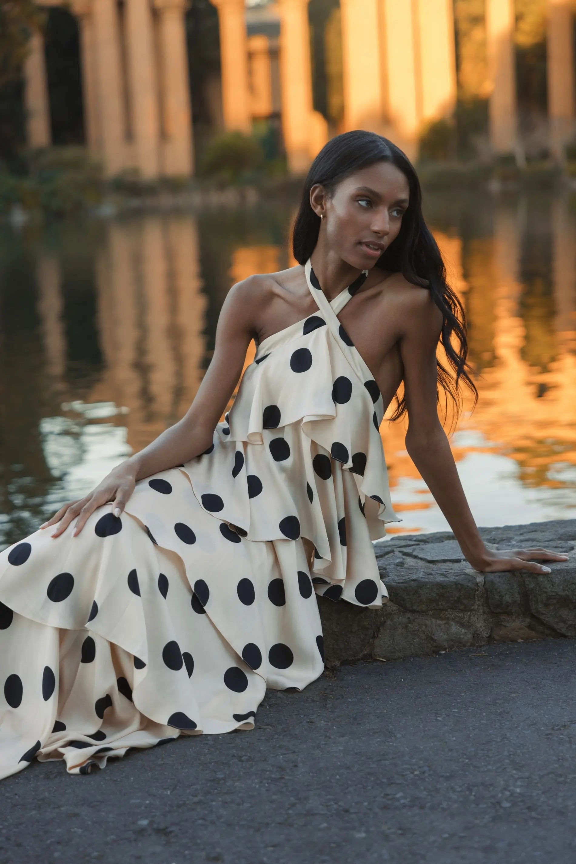 Beige Tiered Ruffle Polka Dot Charmeuse Gown