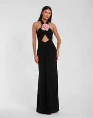 Black Jersey Crossover Halter Neck Gown With 3D Flower