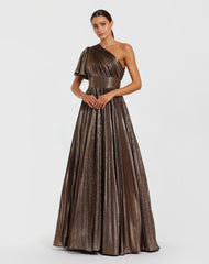 Brown One Shoulder Pleated Metallic Ball Gown