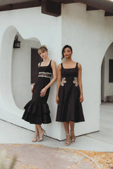 Black Crepe Ruffle Hem Midi Dress With Jewel Detail