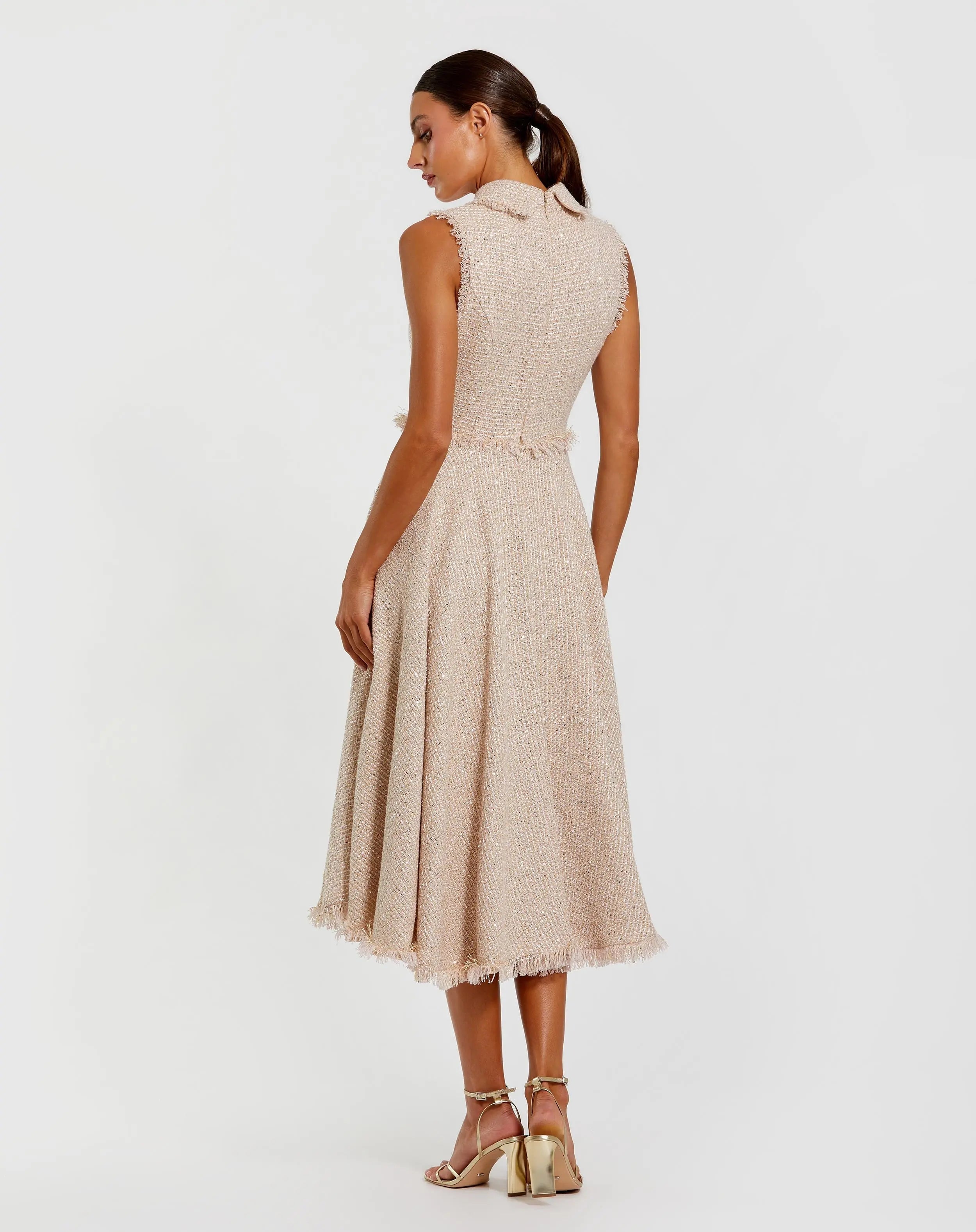 Pink Boucle Sleeveless Collared Button Up Midi Dress