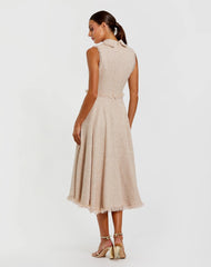 Pink Boucle Sleeveless Collared Button Up Midi Dress