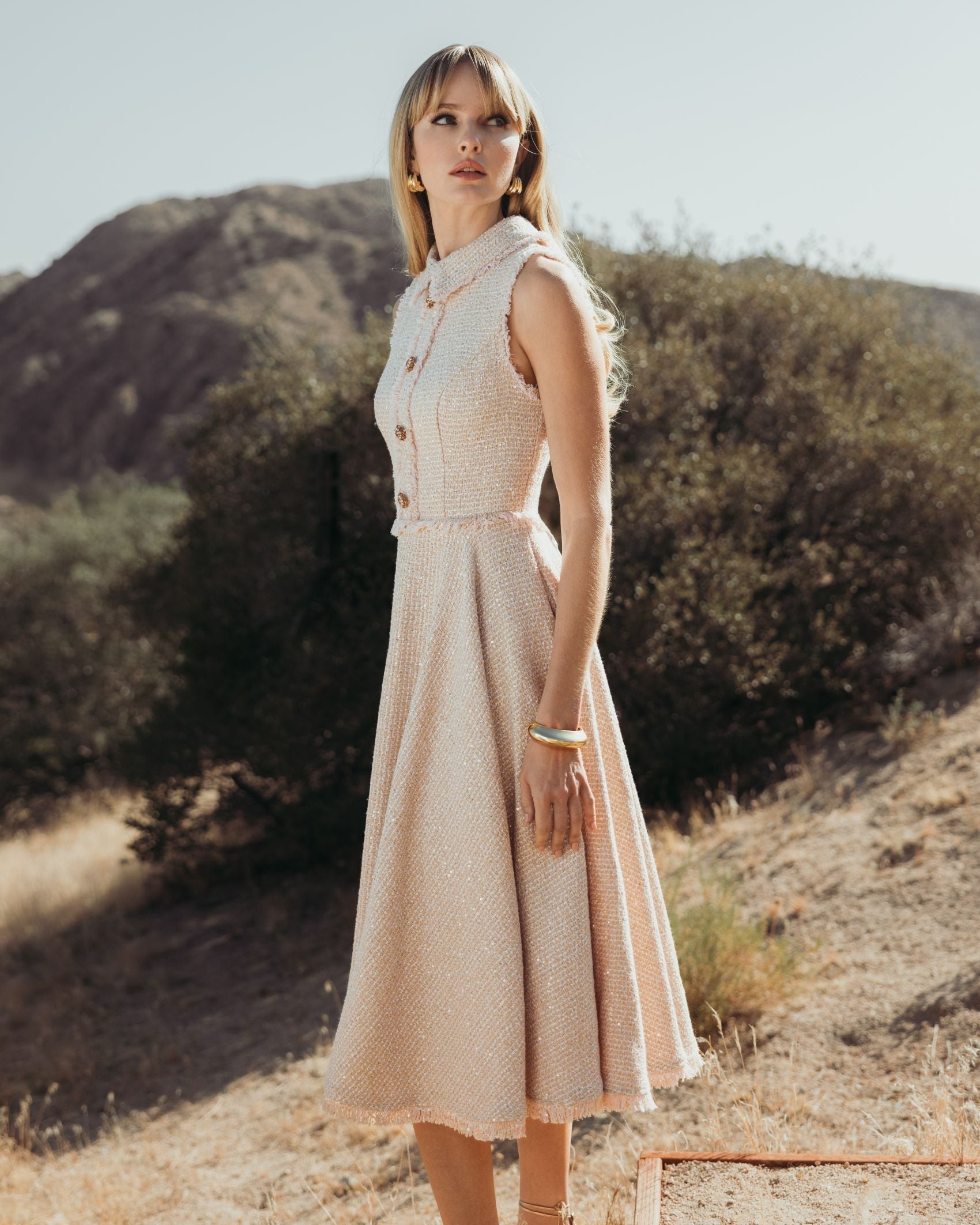 Pink Boucle Sleeveless Collared Button Up Midi Dress