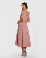 Pink Puff Sleeve Boucle Midi Dress With Beaded Belt