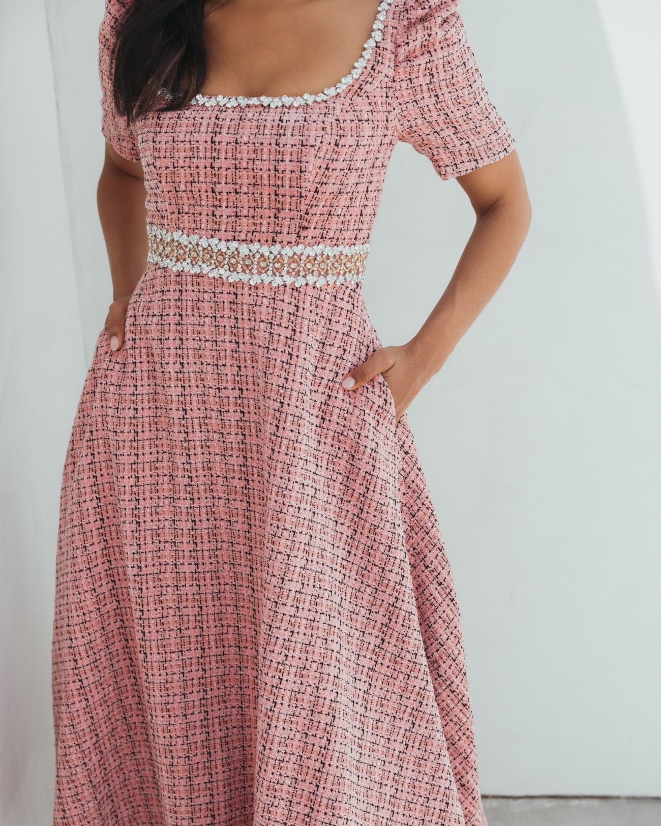 Pink Puff Sleeve Boucle Midi Dress With Beaded Belt
