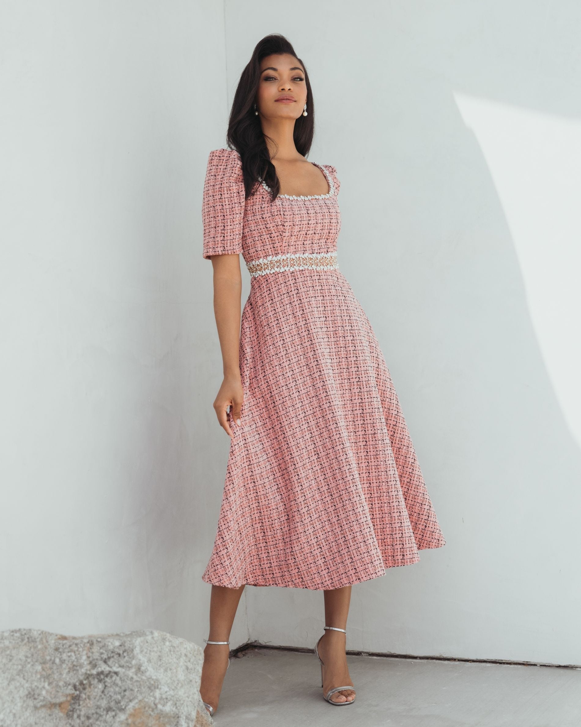 Pink Puff Sleeve Boucle Midi Dress With Beaded Belt